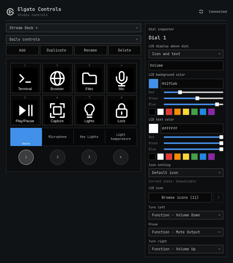 Stream Deck dial editor with controls for LCD artwork