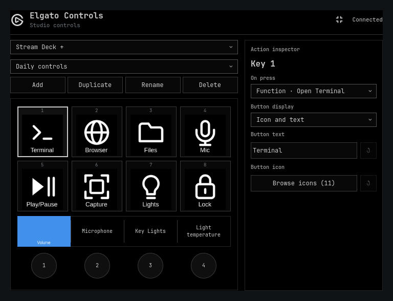Elgato Controls editor showing eight Stream Deck buttons and an action inspector